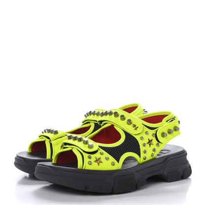 Gucci Technical Canvas Calfskin Studded Mens Aguru Sandals 10 Neon Yellow 2 of 8