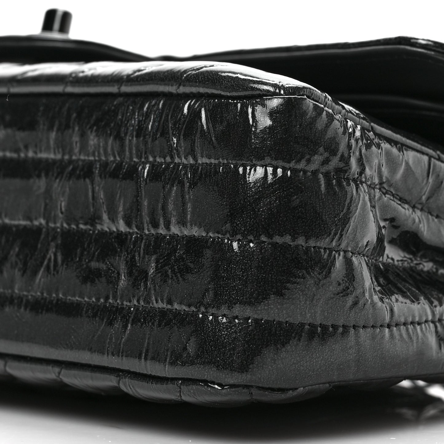 Metallic Patent Crumpled Calfskin Chevron Quilted Medium Double Flap So Black