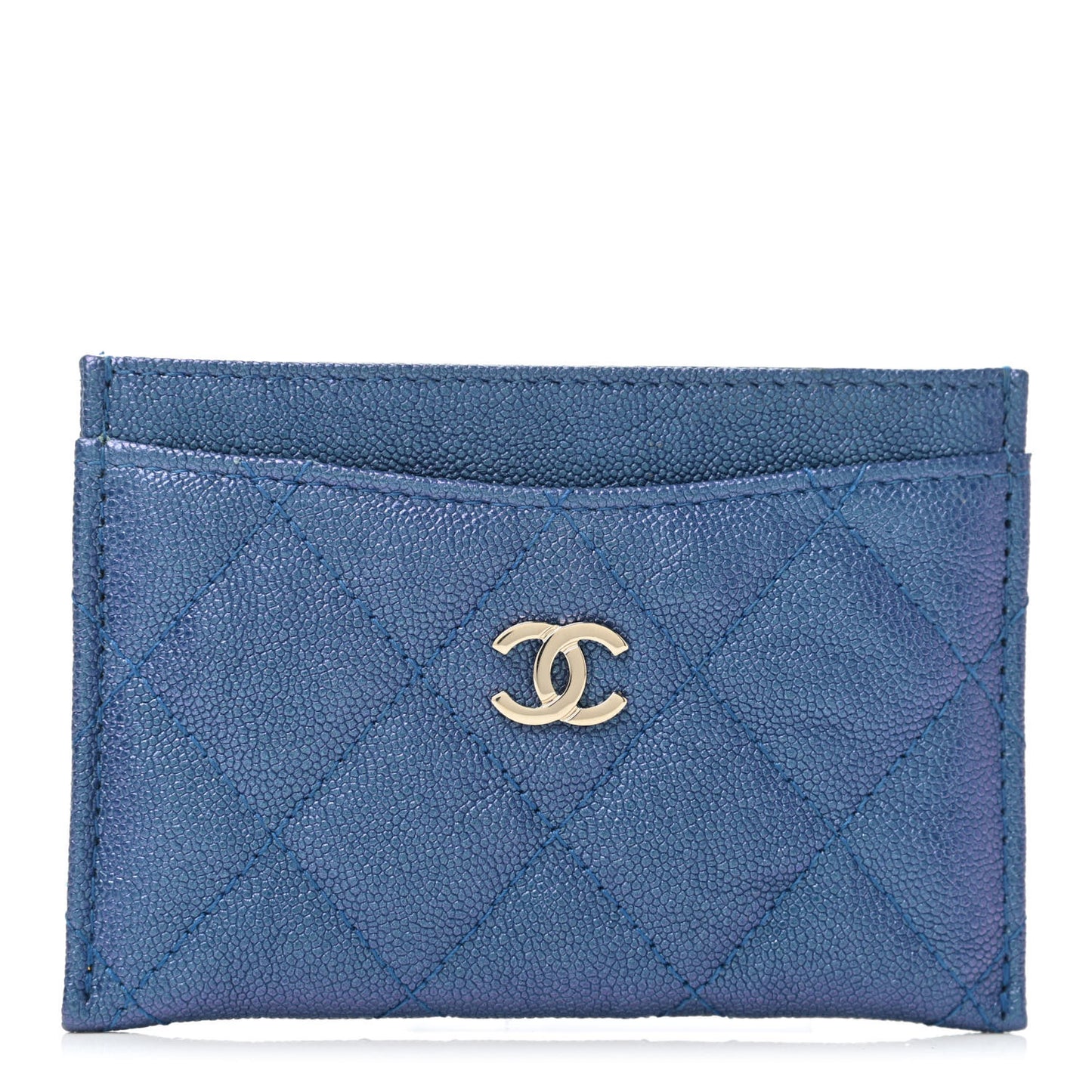 Iridescent Caviar Quilted Card Holder Dark Blue