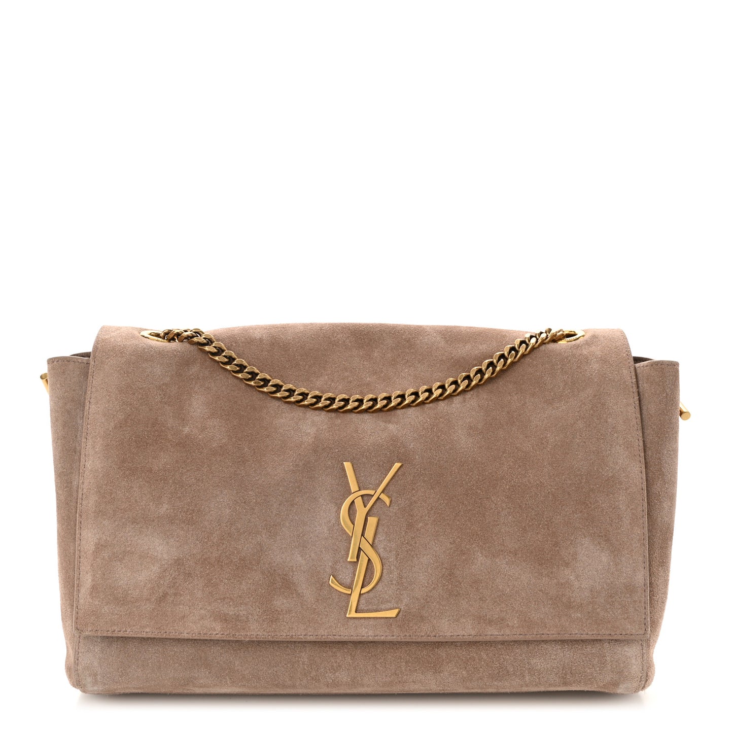 Smooth Calfskin Suede Medium Reversible Monogram Kate Satchel Taupe