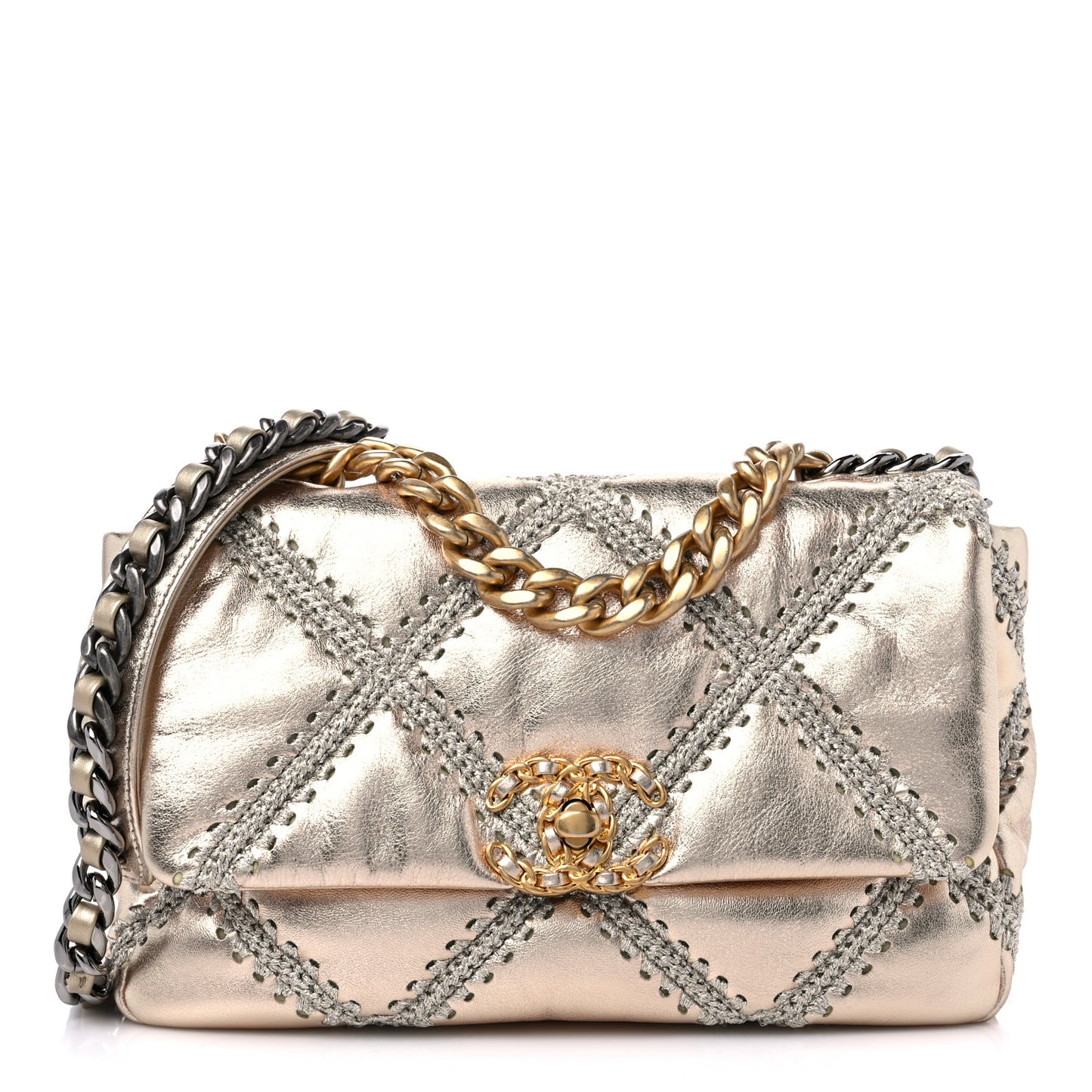 Metallic Calfskin Crochet Medium Chanel 19 Flap Gold