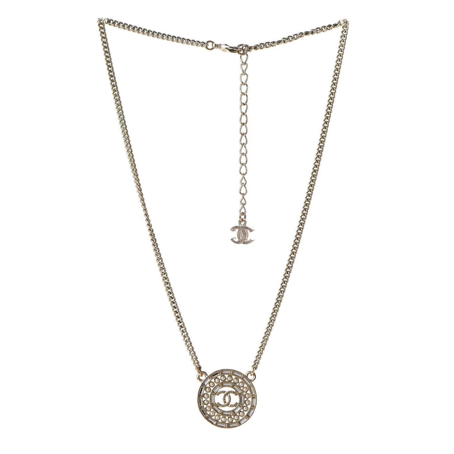 Pearl Baguette Crystal CC Medallion Necklace Gold