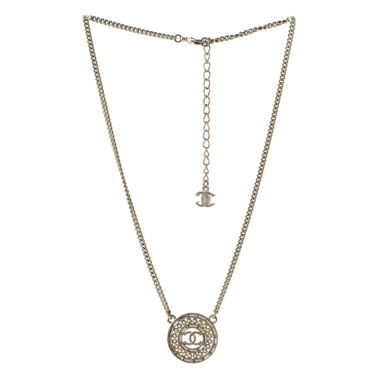 Chanel Pearl Baguette Crystal CC Medallion Necklace Gold 3 of 6