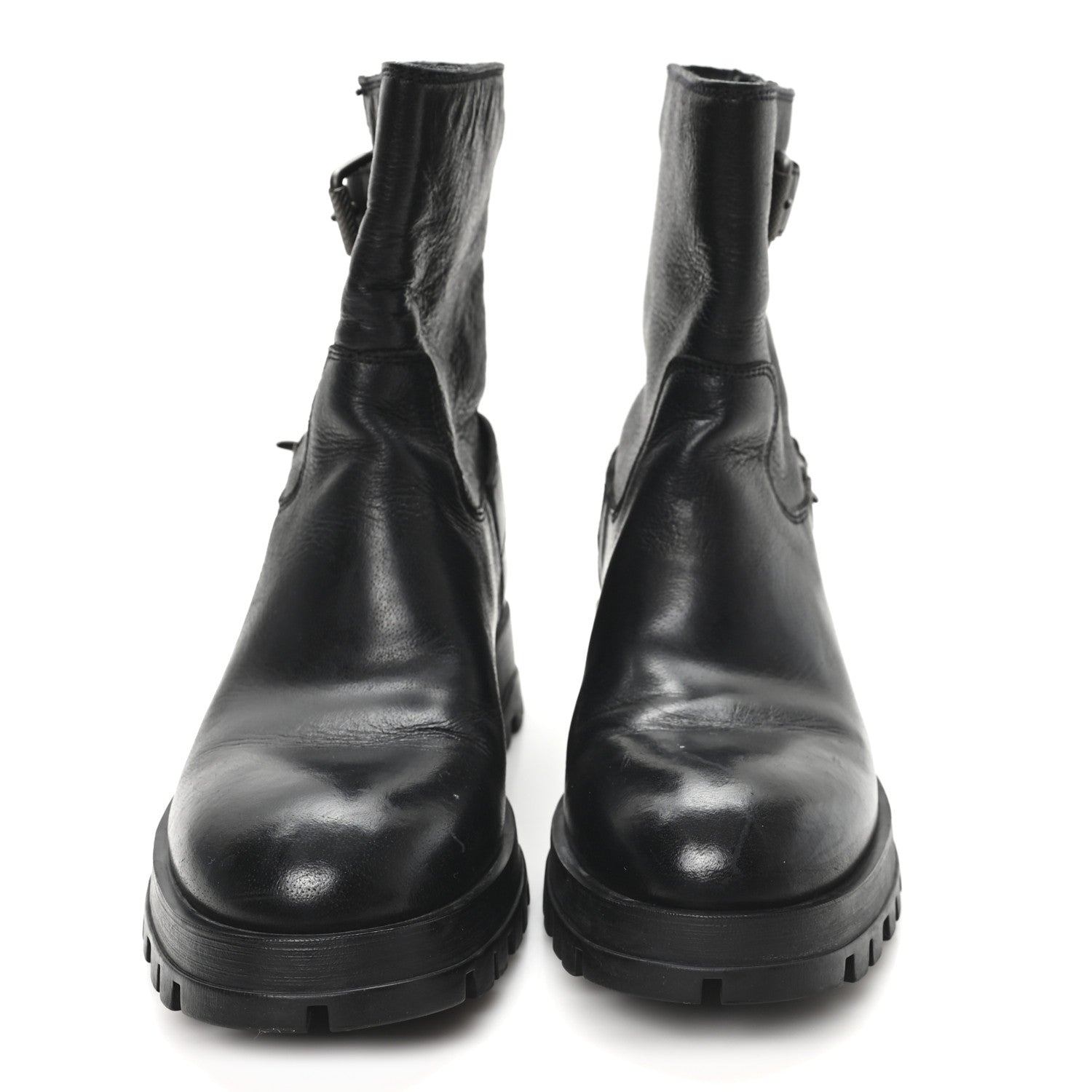 Prada Calfskin Double Buckle Combat Boots 37 Black 3 of 9
