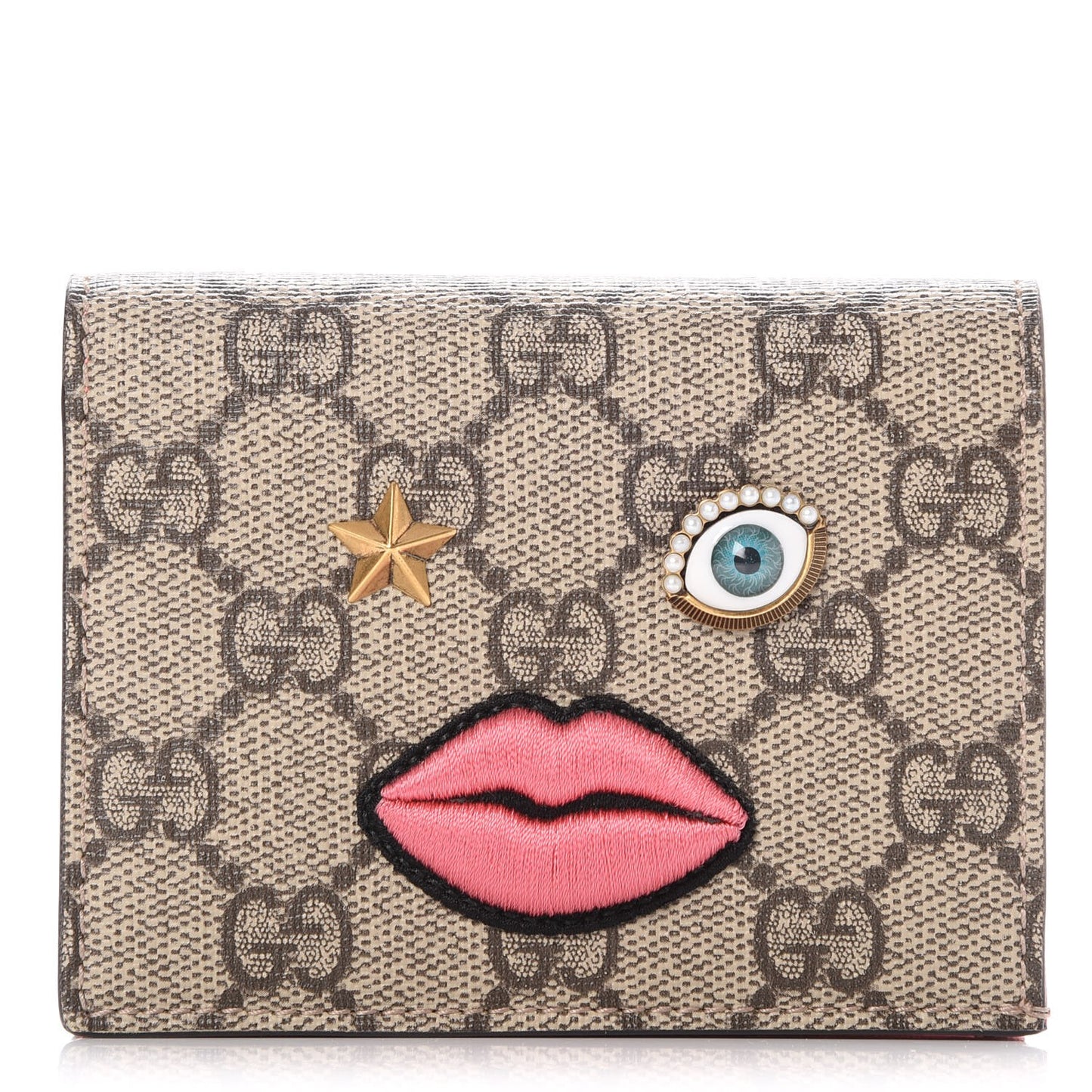 GG Supreme Monogram Face Embroidered Card Case Wallet Pink