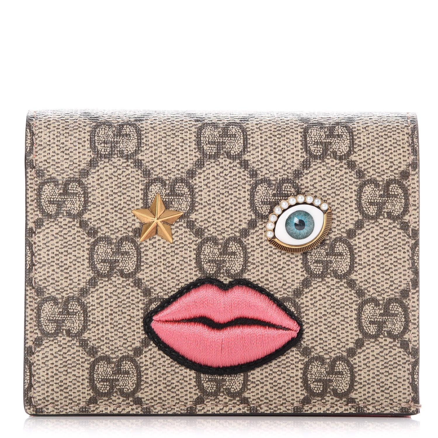 Gucci GG Supreme Monogram Face Embroidered Card Case Wallet Pink 1 of 7