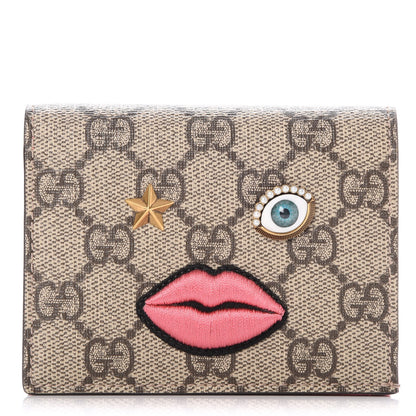 Gucci GG Supreme Monogram Face Embroidered Card Case Wallet Pink 1 of 7