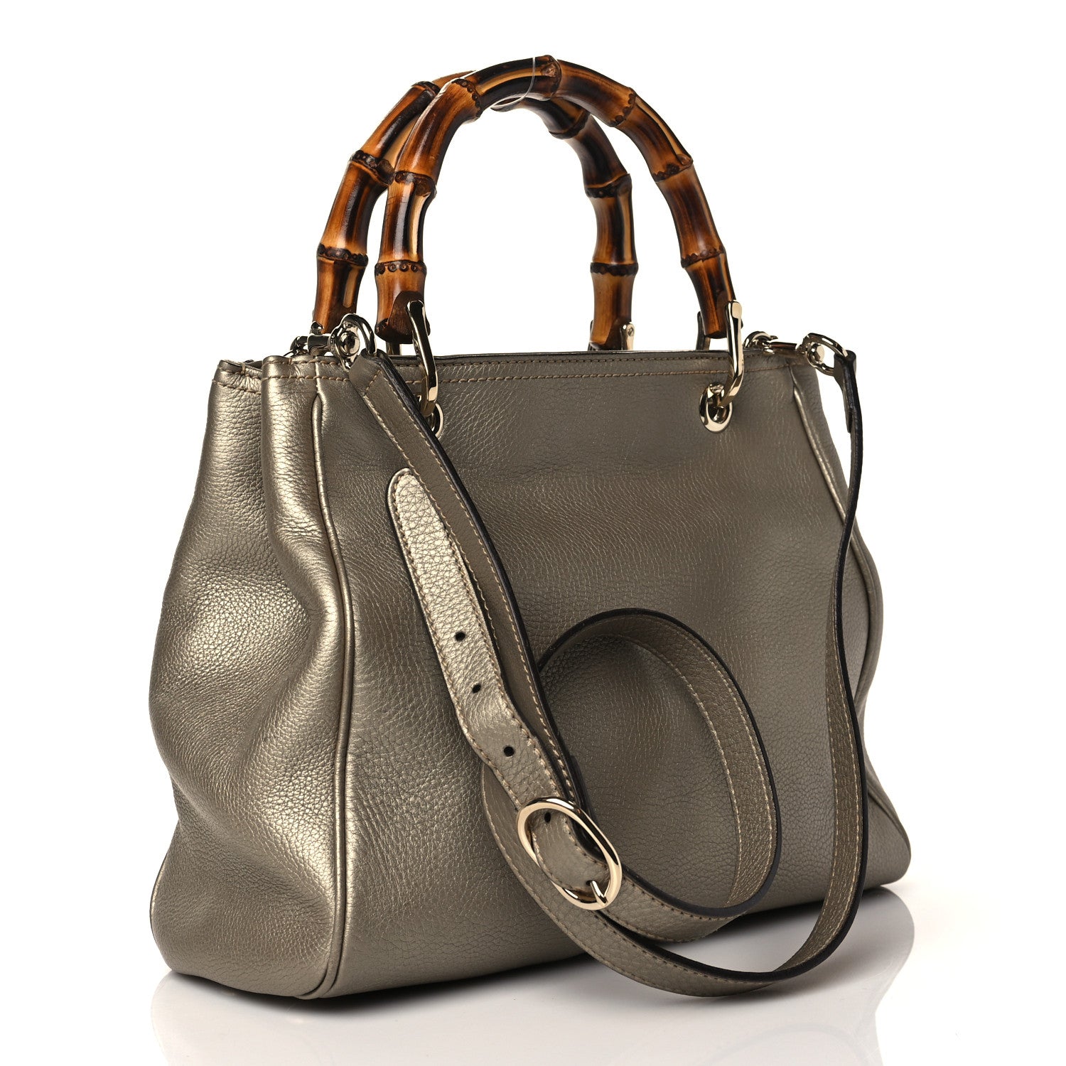 Gucci Metallic Calfskin Small Bamboo Shopper Tote Grey 2 of 9