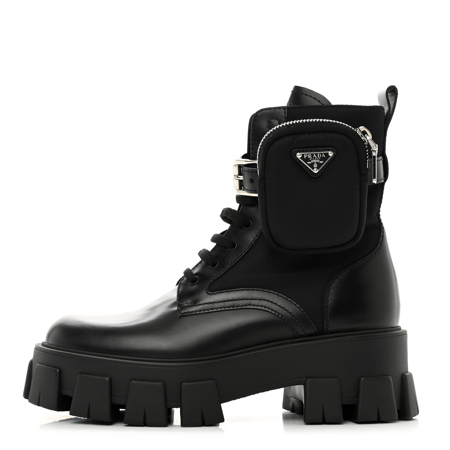 Prada Spazzolato Rois Nylon Metal Triangle Logo Monolith Pouch Pocket 55mm Boots 37.5 Black 1 of 9