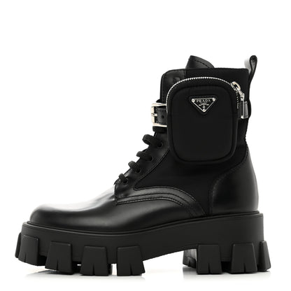 Prada Spazzolato Rois Nylon Metal Triangle Logo Monolith Pouch Pocket 55mm Boots 37.5 Black 1 of 9