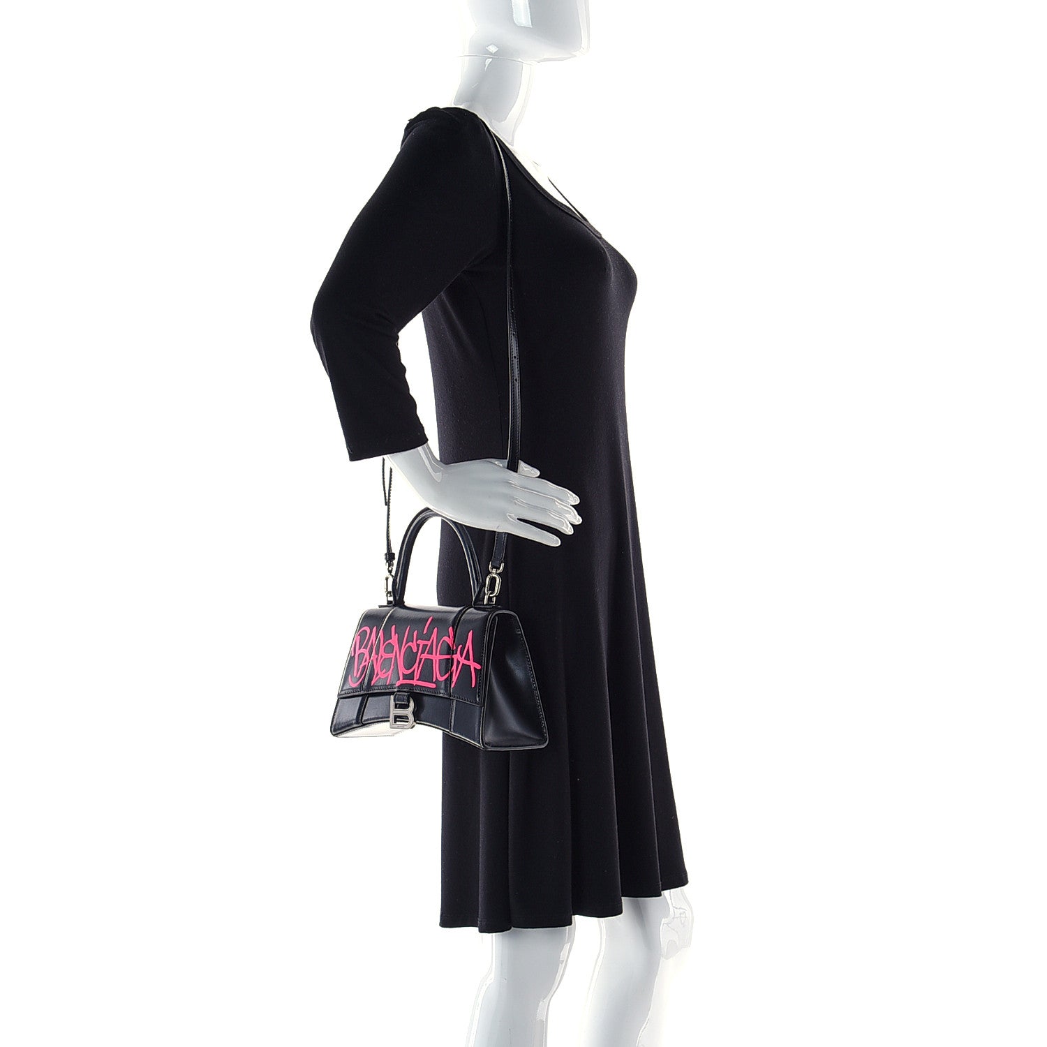 Balenciaga Shiny Box Calfskin Graffiti Logo Small Hourglass Top Handle Bag Black Pink 4 of 17