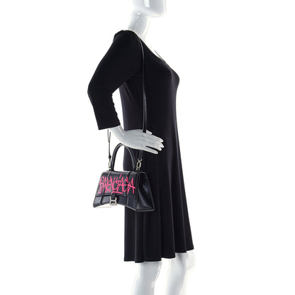 Balenciaga Shiny Box Calfskin Graffiti Logo Small Hourglass Top Handle Bag Black Pink 4 of 17