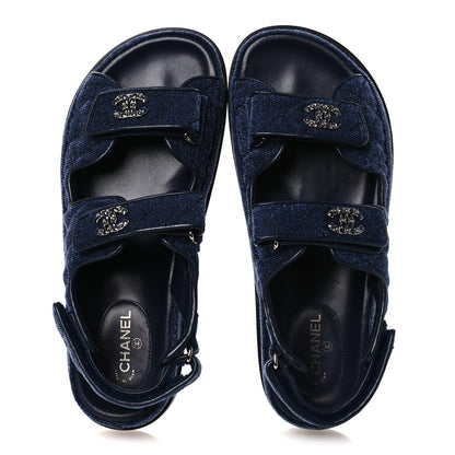 Chanel Velvet Velcro Dad Sandals 37.5 Blue 2 of 12