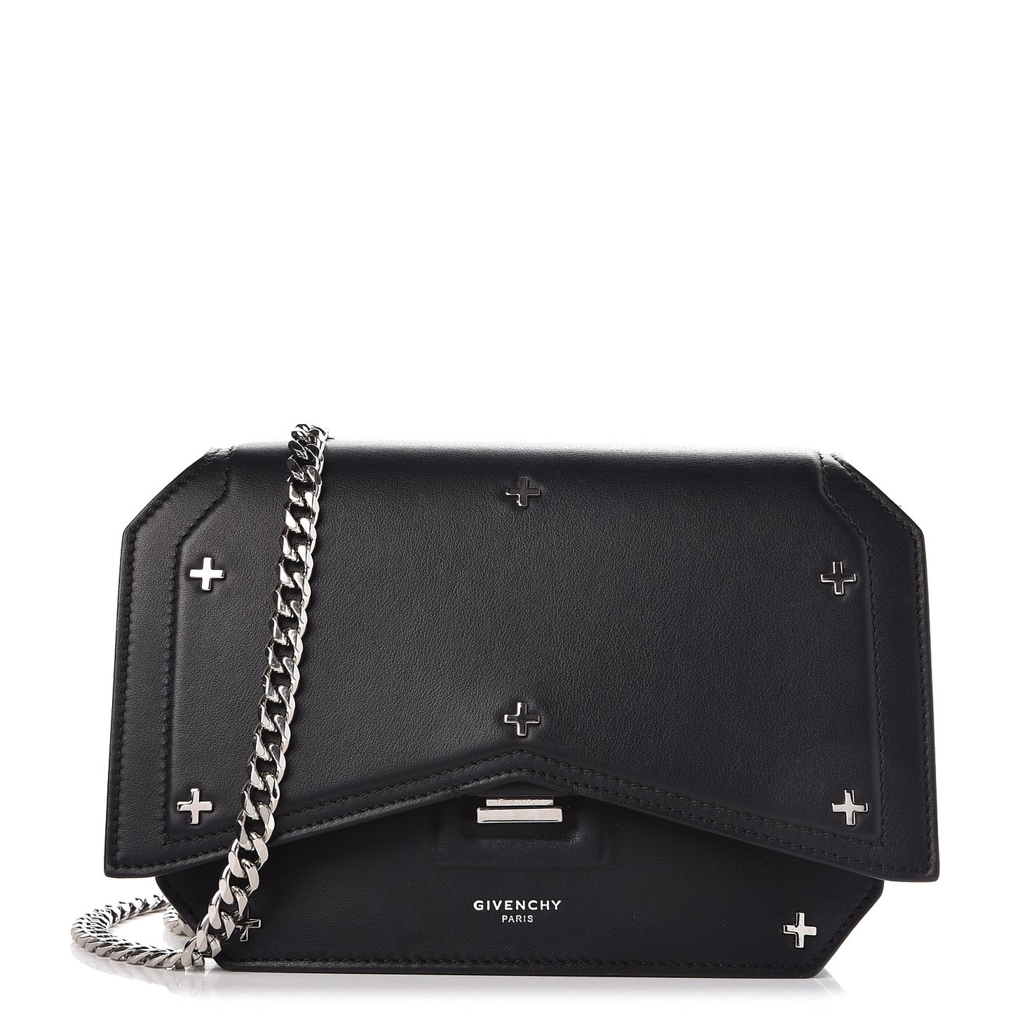 Calfskin Cross Embellished Bow Cut Chain Bag Black