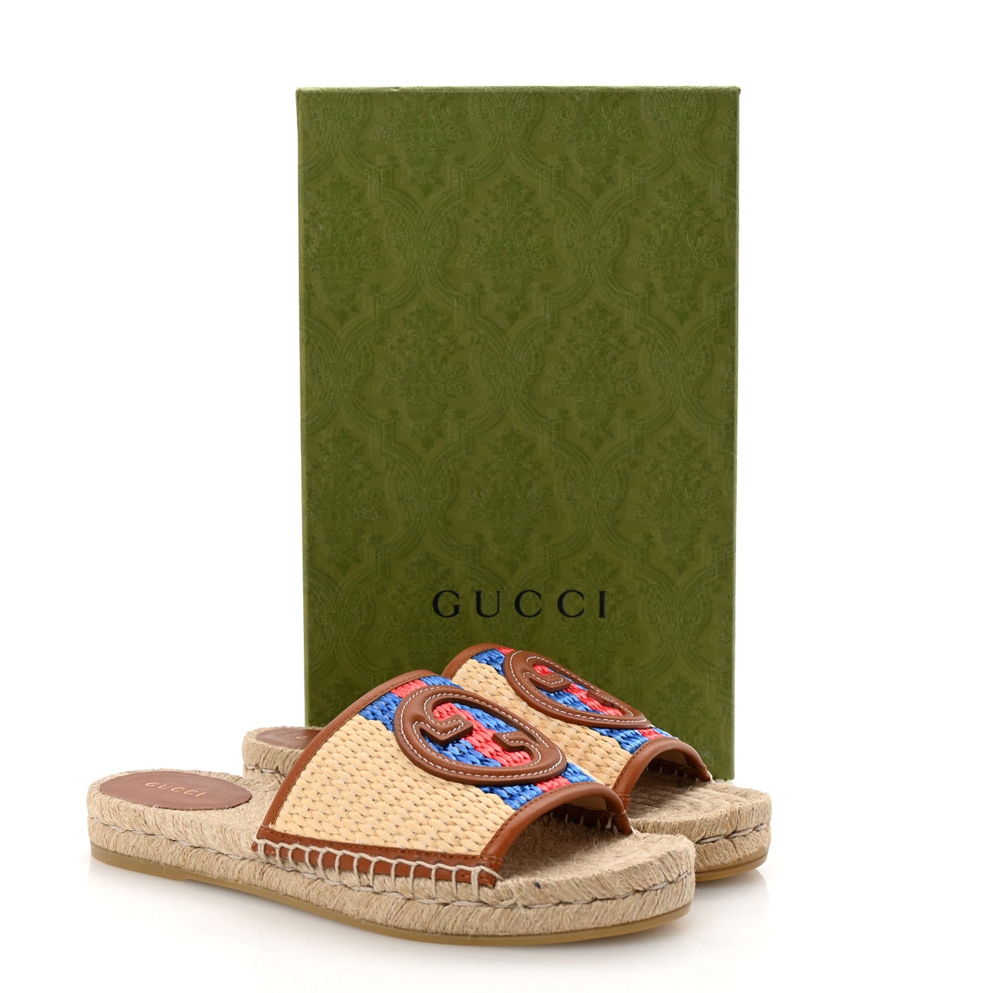 Raffia Interlocking G Flat Slide Espadrille Sandals 38.5 Natural Harness Brown
