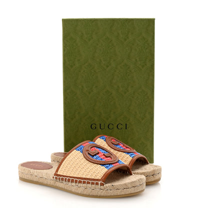 Gucci Raffia Interlocking G Flat Slide Espadrille Sandals 38.5 Natural Harness Brown 10 of 10