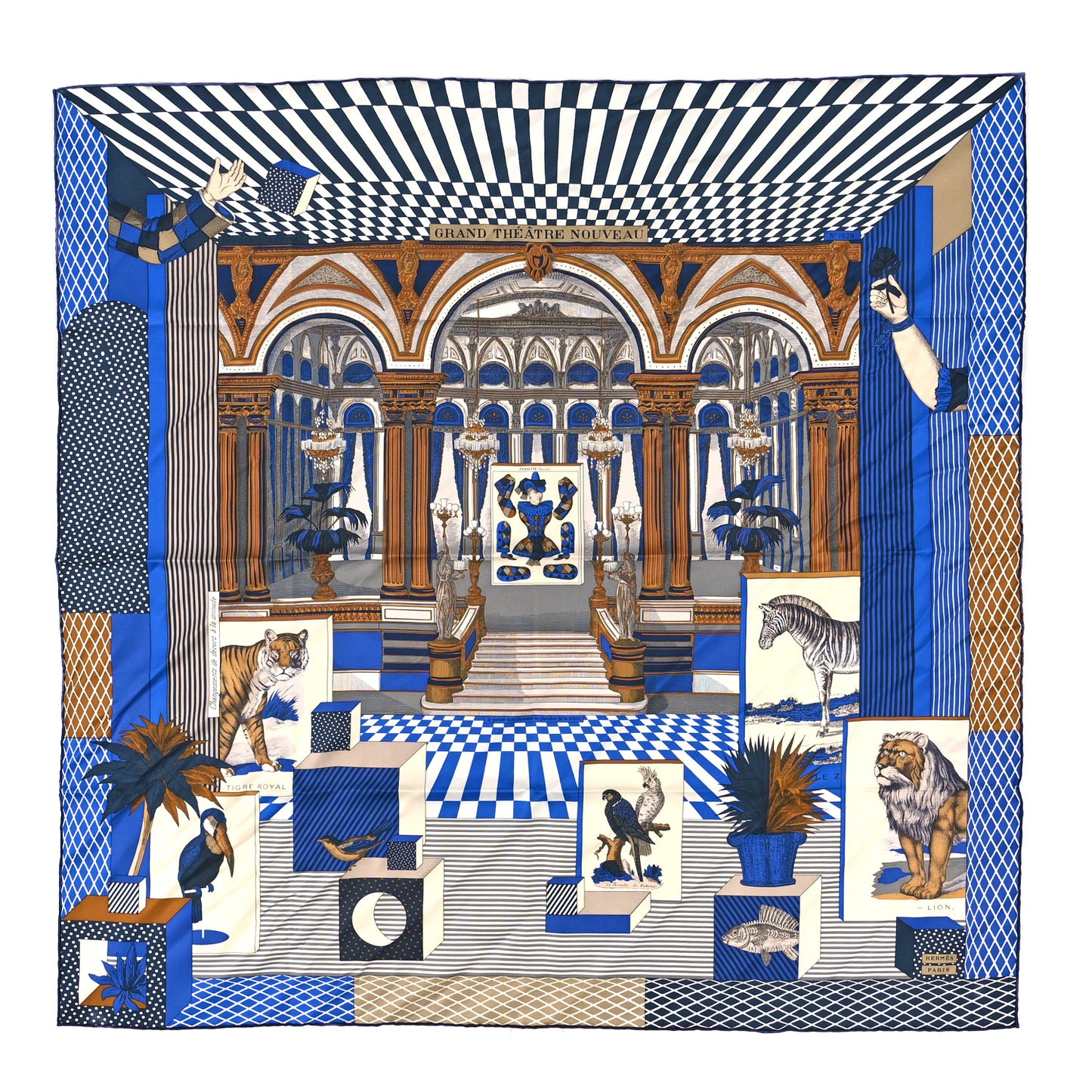 Silk Twill Grand Theatre Nouveau Scarf 90 Bleu Royal Mordore White