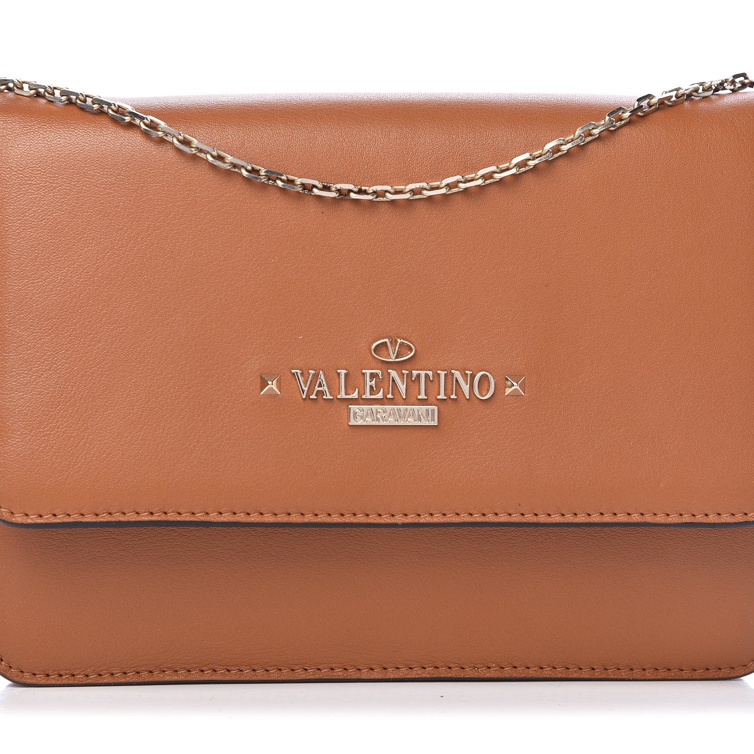Valentino Garavani Calfskin Rockstud Chain Wallet Flap Bag Tan 7 of 9