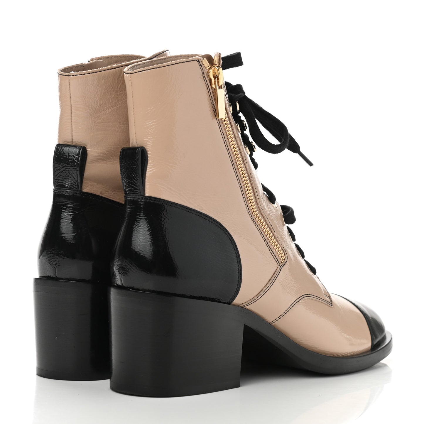 Patent Calfskin CC Lace Up Short Boots 41 Beige Black
