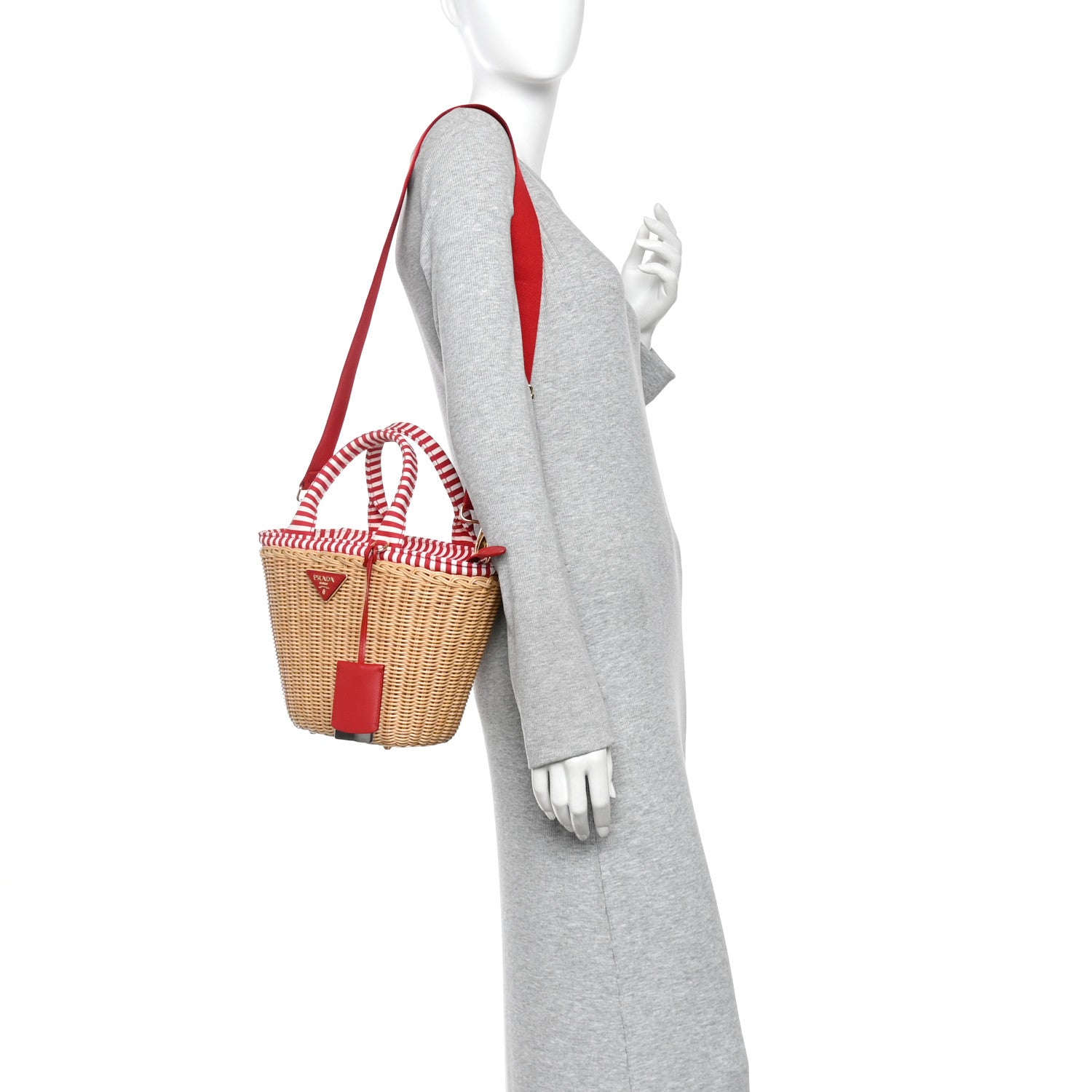Prada Wicker Canvas Striped Shoulder Bag Naturale Rosso 2 of 12