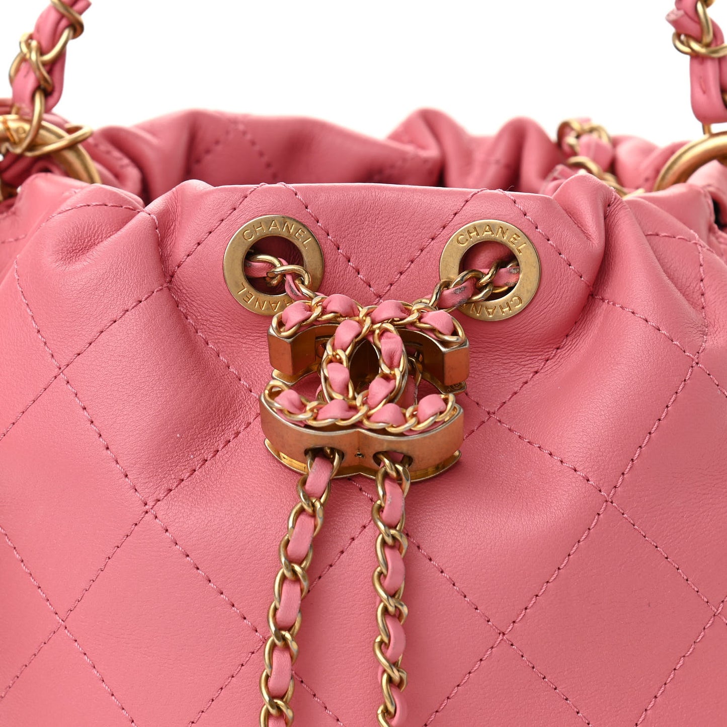 Lambskin Quilted Antique Signs Drawstring Bag Pink