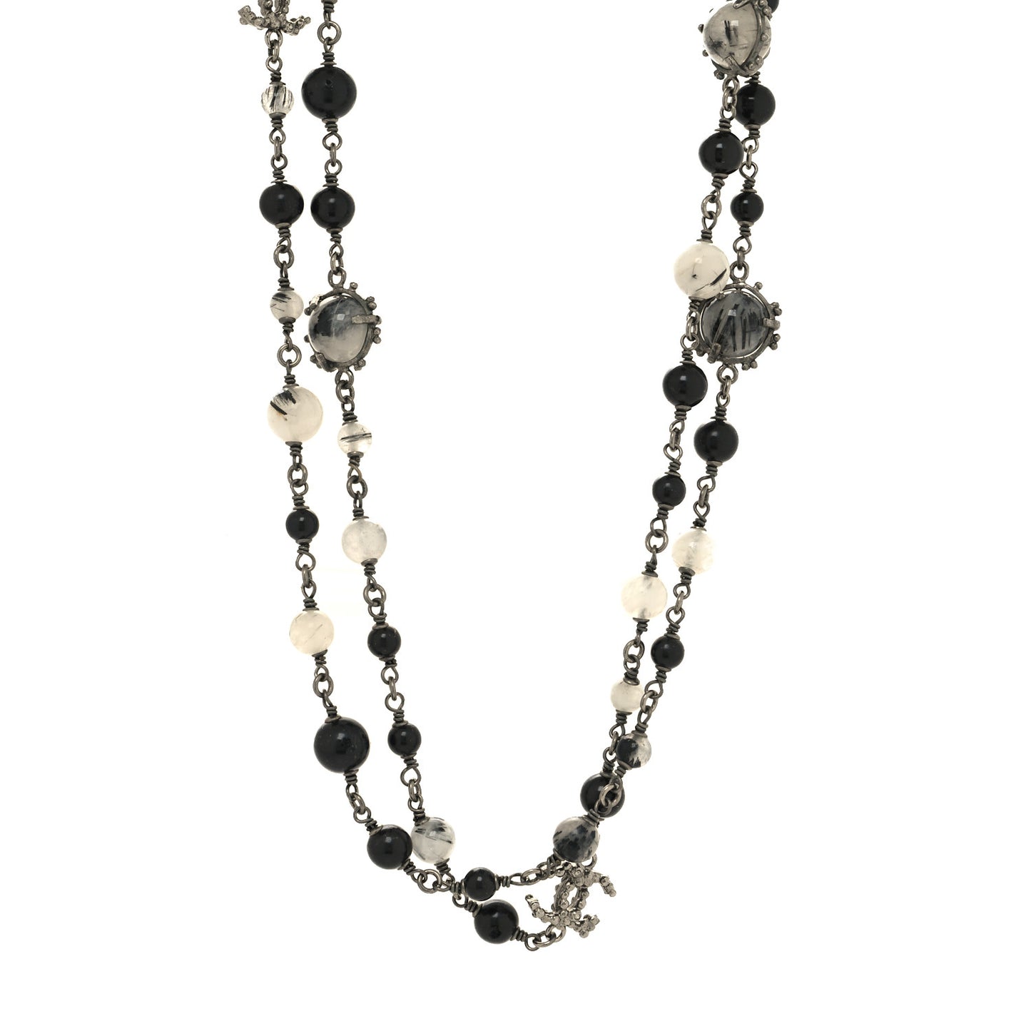 Pearl Beaded CC Long Necklace Silver Black