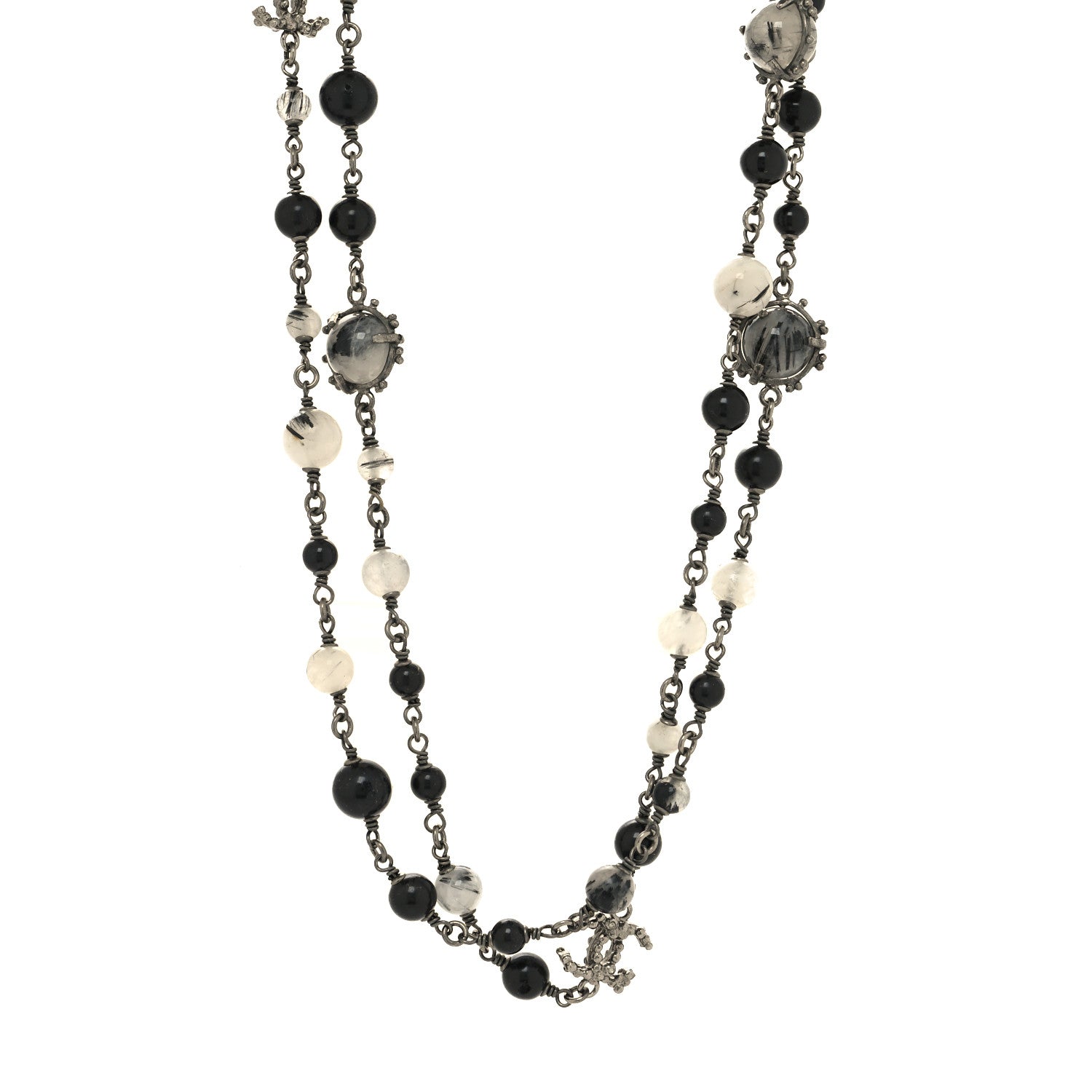 Chanel Pearl Beaded CC Long Necklace Silver Black 1 of 5