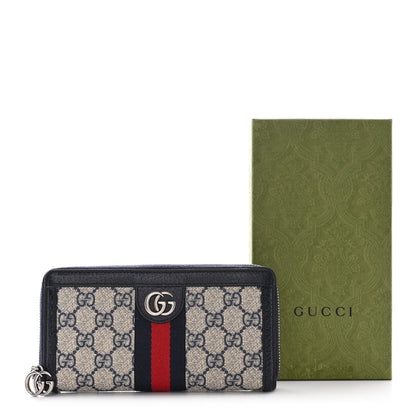 Gucci GG Supreme Monogram Textured Dollar Calfskin Web Ophidia Zip Around Wallet Beige Blue 11 of 11