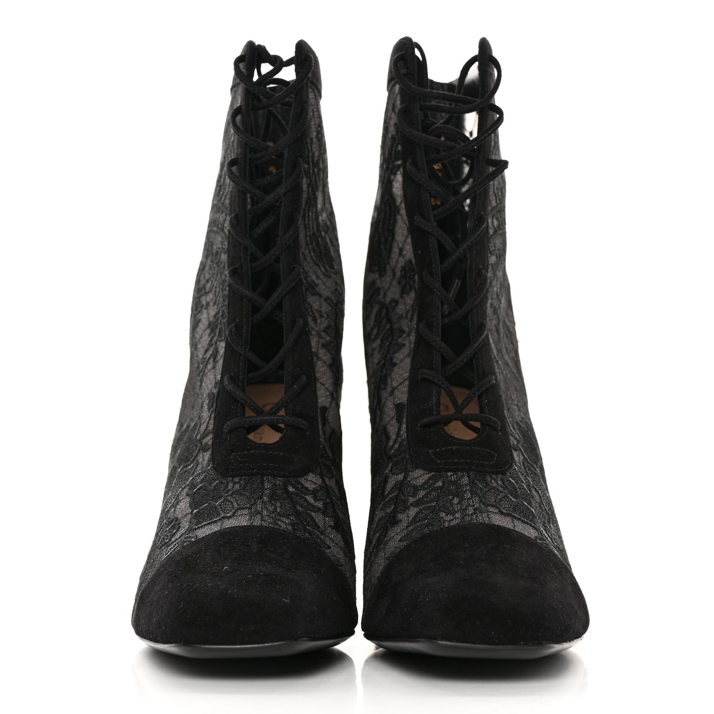 Suede Transparent Mesh Embroidered Roses Naughtily-D Heeled Lace Up Ankle Boots 39 Black