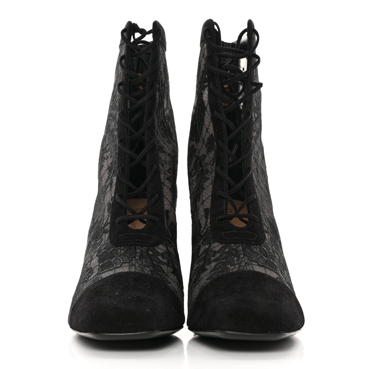 Christian Dior Suede Transparent Mesh Embroidered Roses Naughtily-D Heeled Lace Up Ankle Boots 39 Black 2 of 10