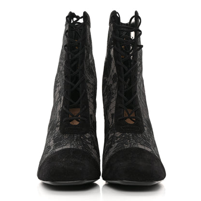 Christian Dior Suede Transparent Mesh Embroidered Roses Naughtily-D Heeled Lace Up Ankle Boots 39 Black 2 of 10