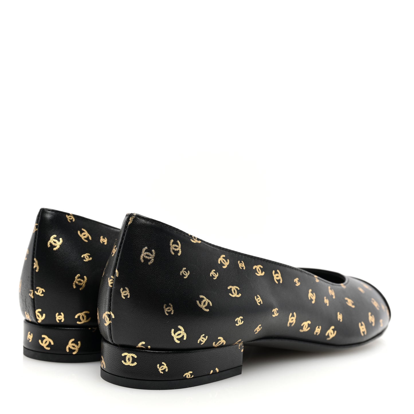 Lambskin Patent Calfskin Printed CC Cap Toe Ballerina Flats 37.5 Black Gold