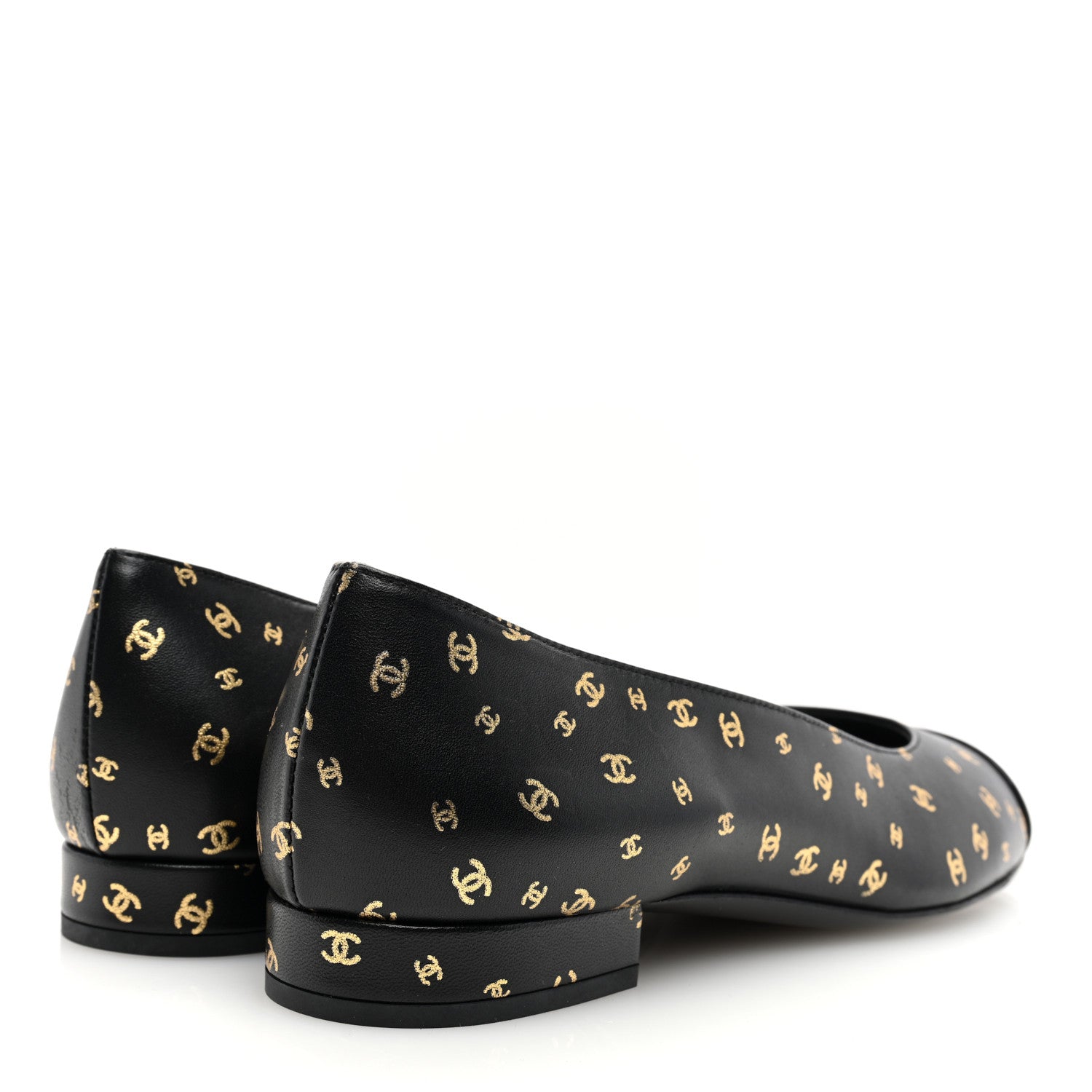 Chanel Lambskin Patent Calfskin Printed CC Cap Toe Ballerina Flats 37.5 Black Gold 4 of 9