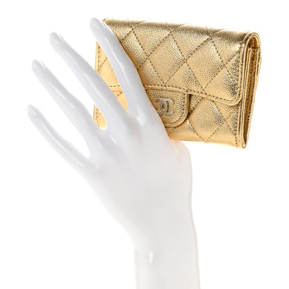 Chanel Metallic Caviar Quilted Flap Card Holder Wallet Gold 2 of 9
