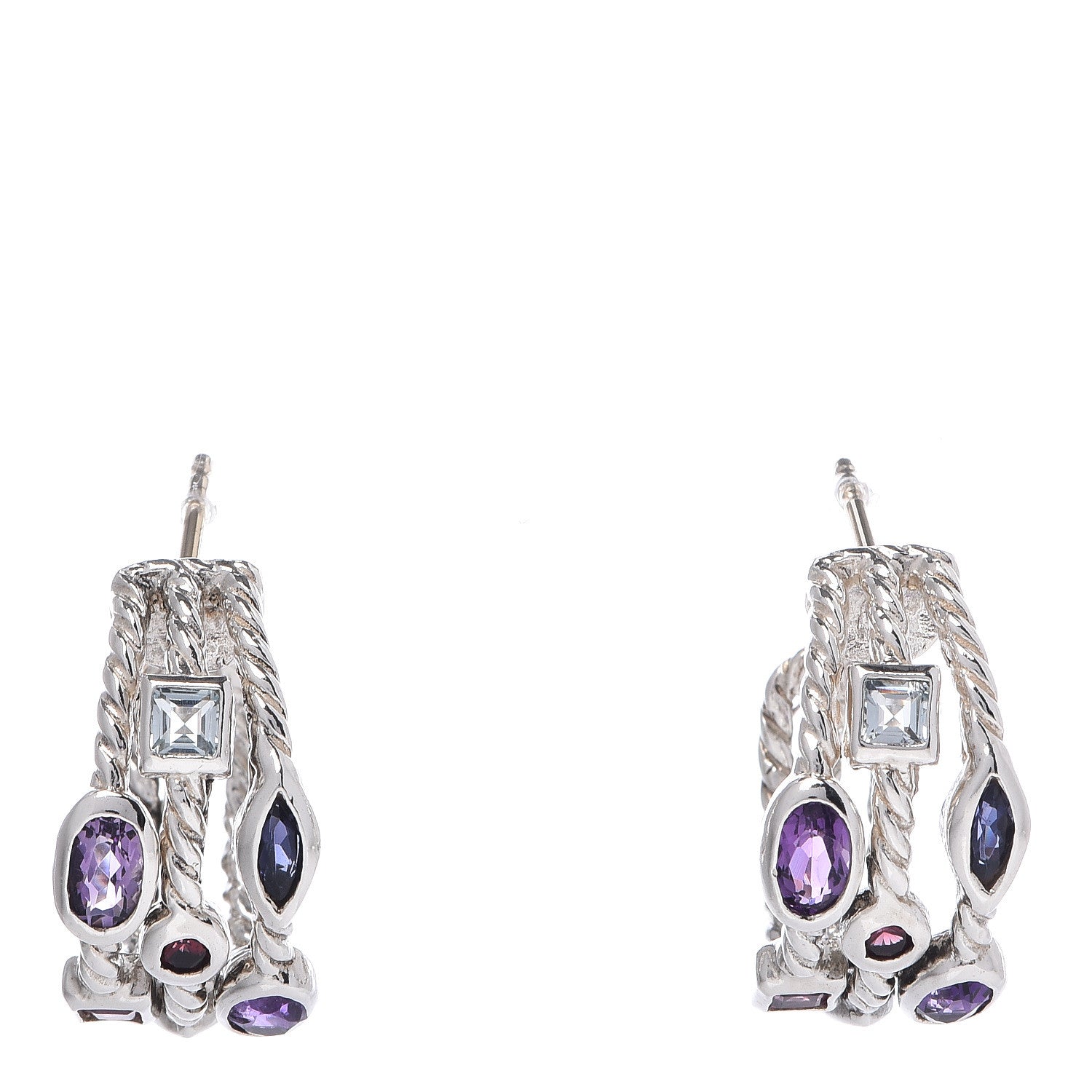 David Yurman Sterling Silver Amethyst Iolite Topaz Garnet Confetti 3 Row Earrings 1 of 7