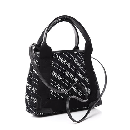 Balenciaga Cotton Canvas Calfskin Logo Print Navy Cabas XS Black White 3 of 10