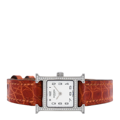 Hermes Stainless Steel Alligator Diamond Bezel Mother of Pearl 17.2mm Heure H Hour Quartz Watch Orange 2 of 5
