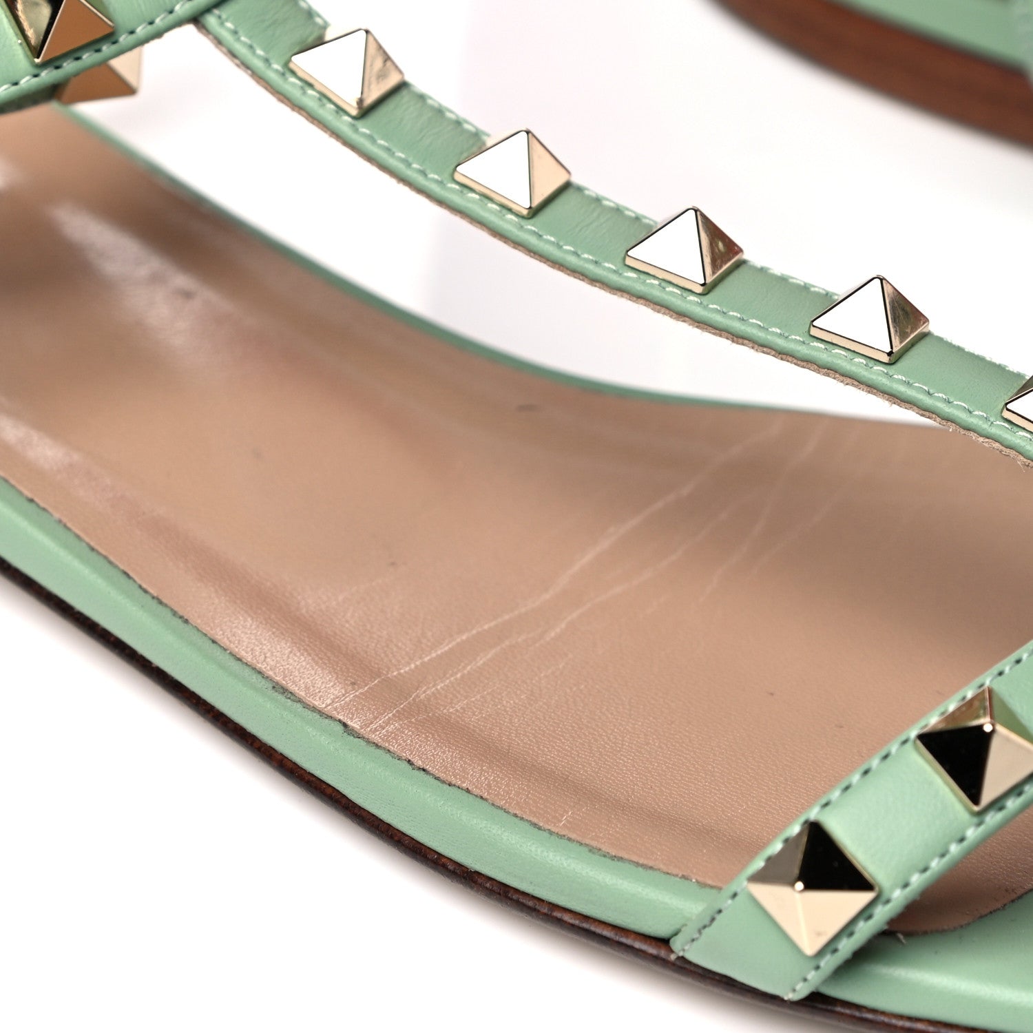 Valentino Garavani Calfskin Rockstud Ankle T-Strap Flat Sandals 39.5 Powder Green 8 of 13