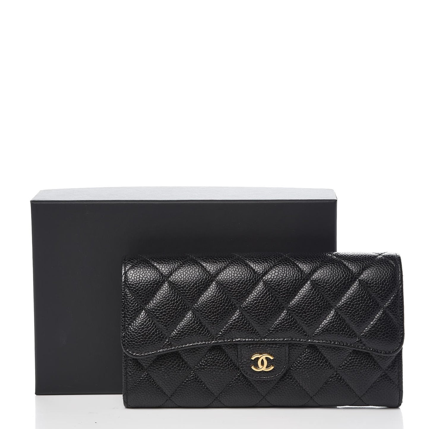 Caviar Quilted Large Gusset Flap Wallet Black
