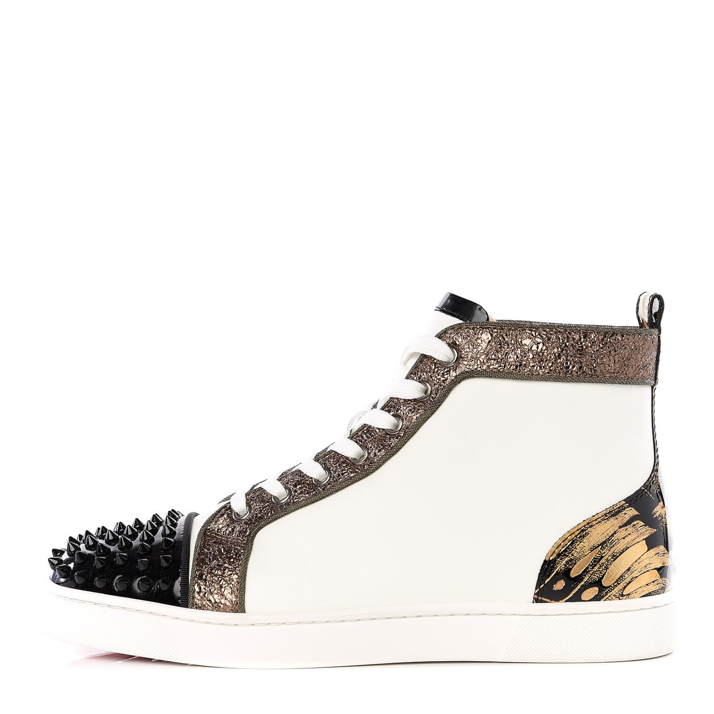 Calfskin Patent Lame Hibiscus Mens Louis Spikes High Top Sneaker 41.5 Black Gold White