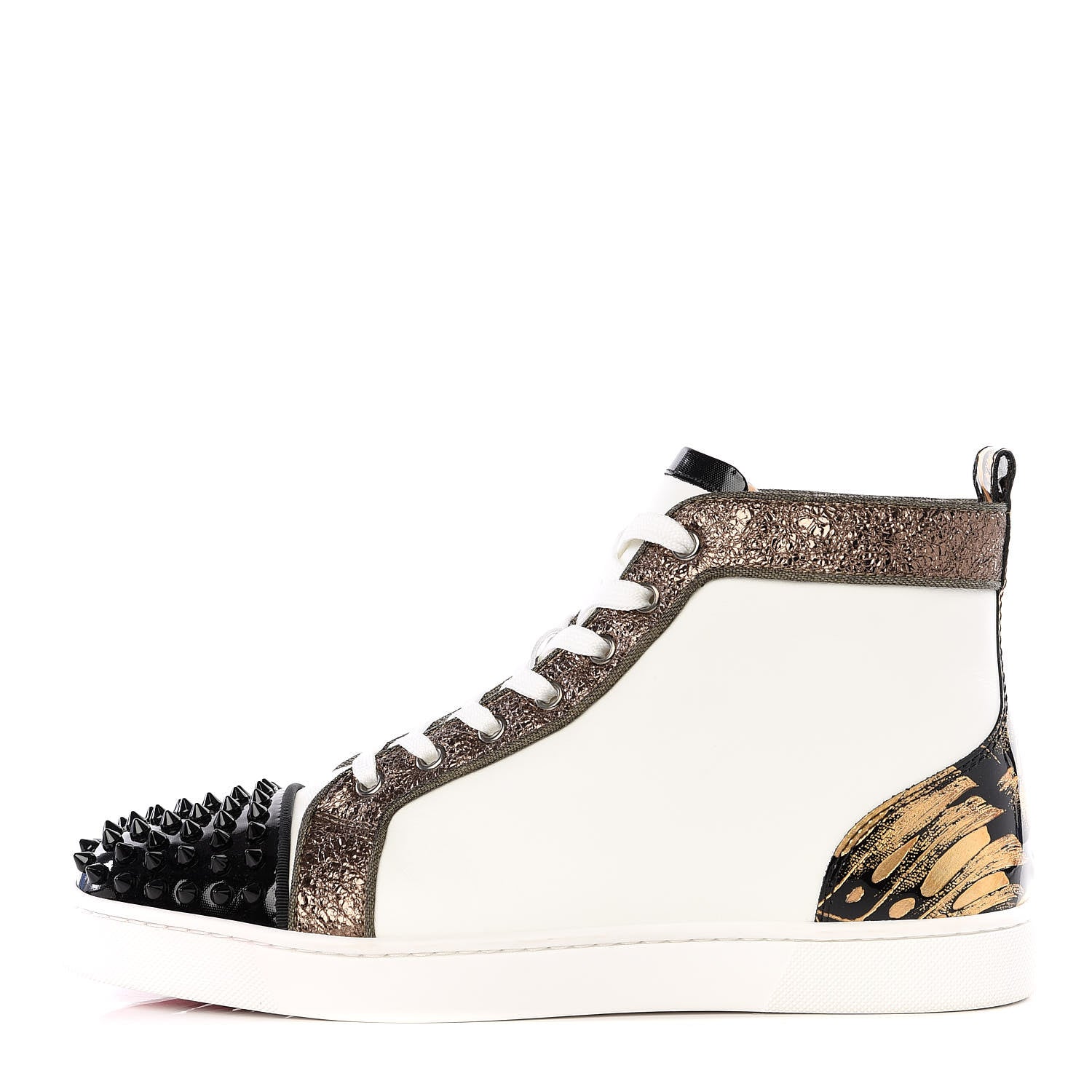 Christian Louboutin Calfskin Patent Lame Hibiscus Mens Louis Spikes High Top Sneaker 41.5 Black Gold White 1 of 10