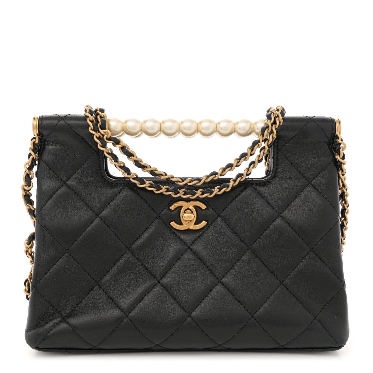 Shiny Lambskin Pearl Small Shopping Bag Black
