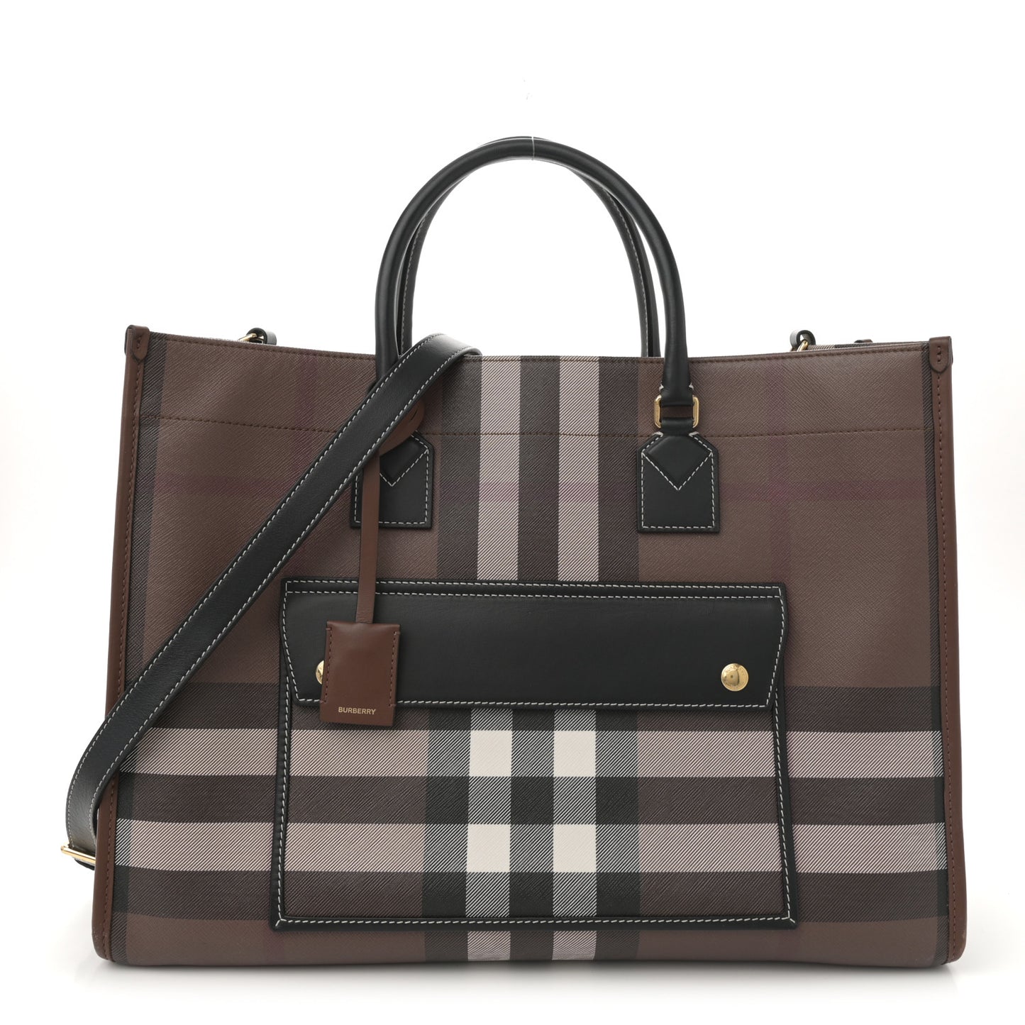 E-Canvas Check Calfskin Medium Freya Tote Dark Birch Brown
