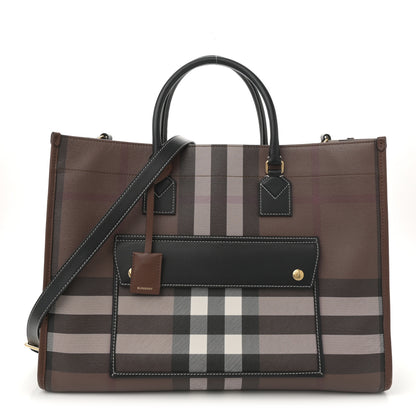 Burberry E-Canvas Check Calfskin Medium Freya Tote Dark Birch Brown 1 of 11