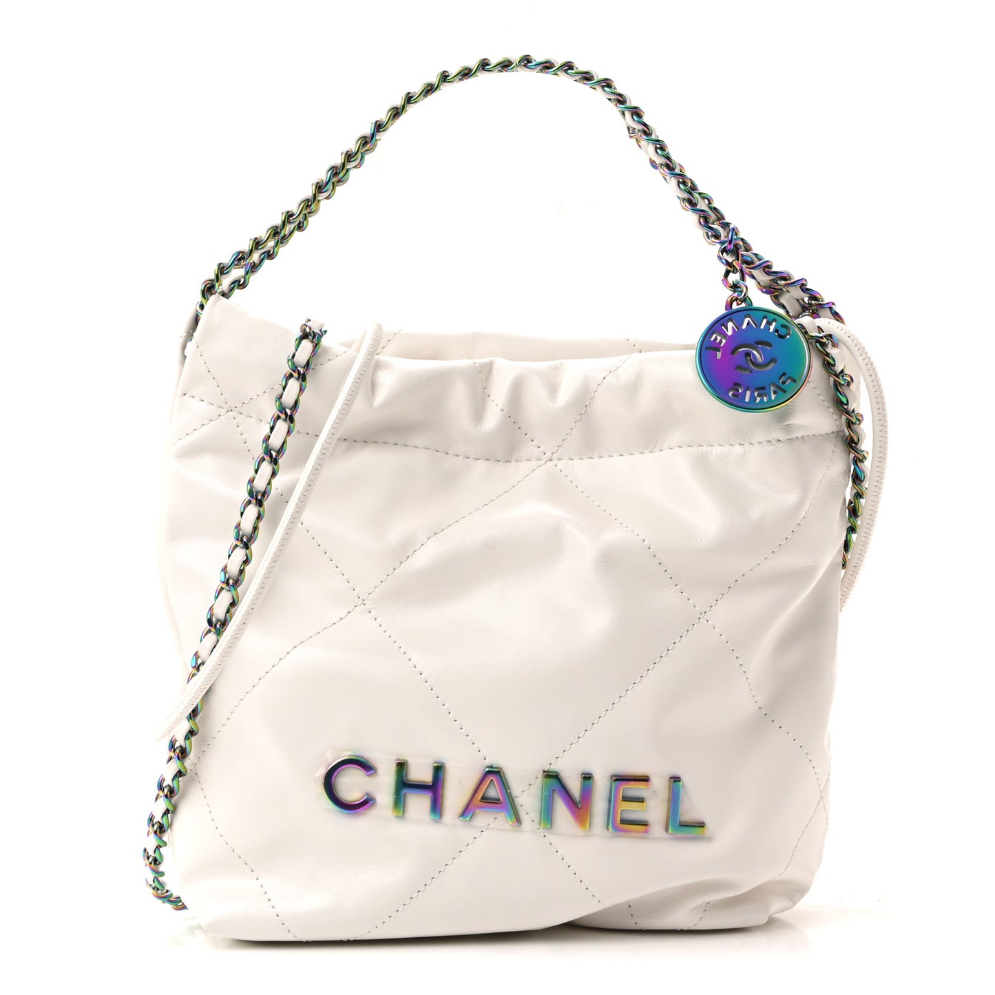 Shiny Calfskin Quilted Rainbow Mini Chanel 22 White
