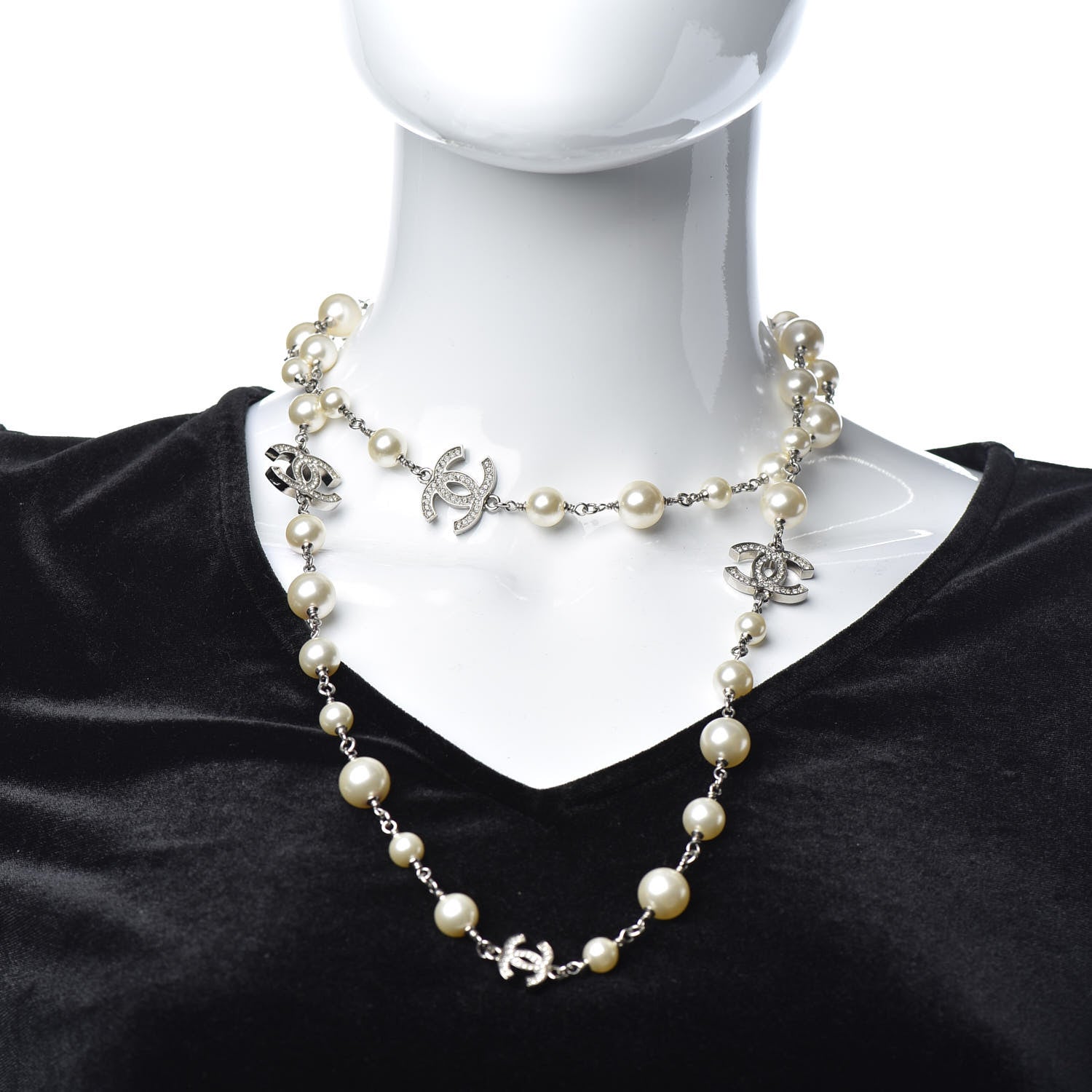 Chanel Graduated Pearl Crystal CC Long Necklace Silver 2 of 4
