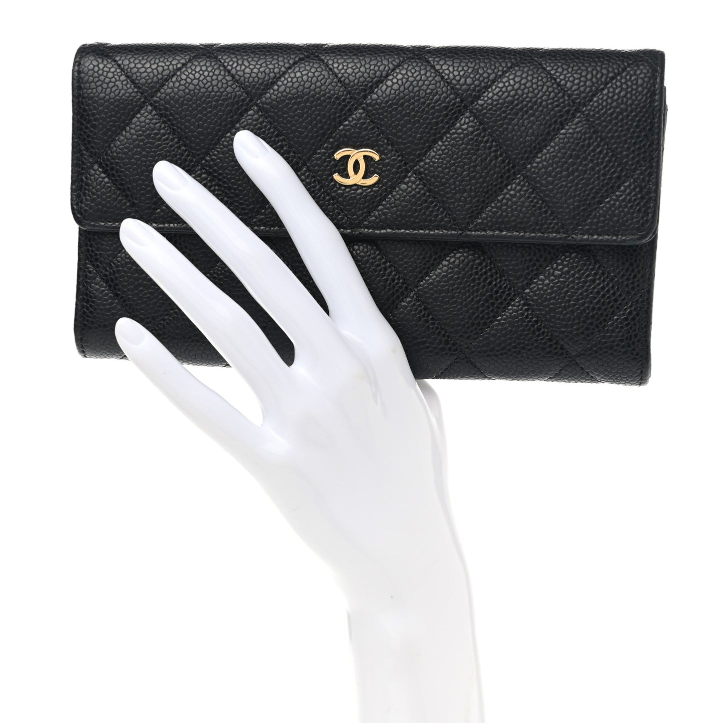 Caviar Quilted Large Gusset Flap Wallet Black