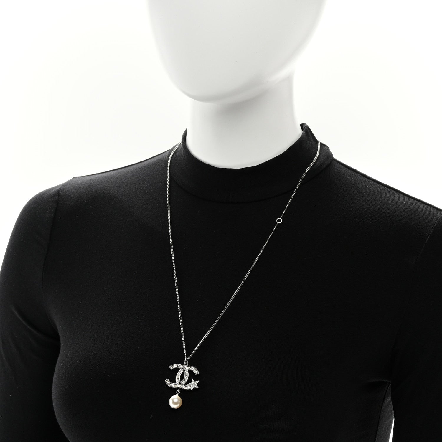 Chanel Crystal CC Star Pearl Drop Necklace Silver 2 of 5