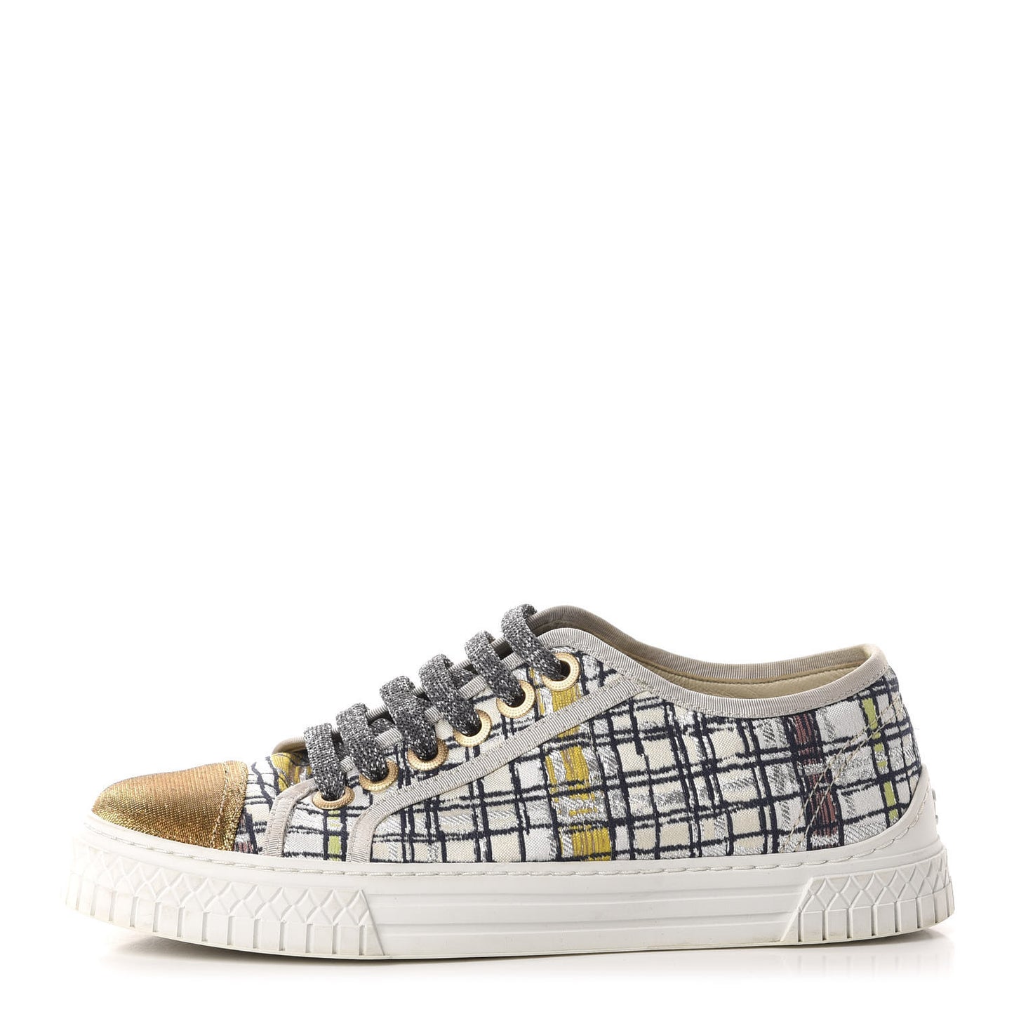 Metallic Tweed Low Top Sneakers 35 Ecru Black Yellow Gold