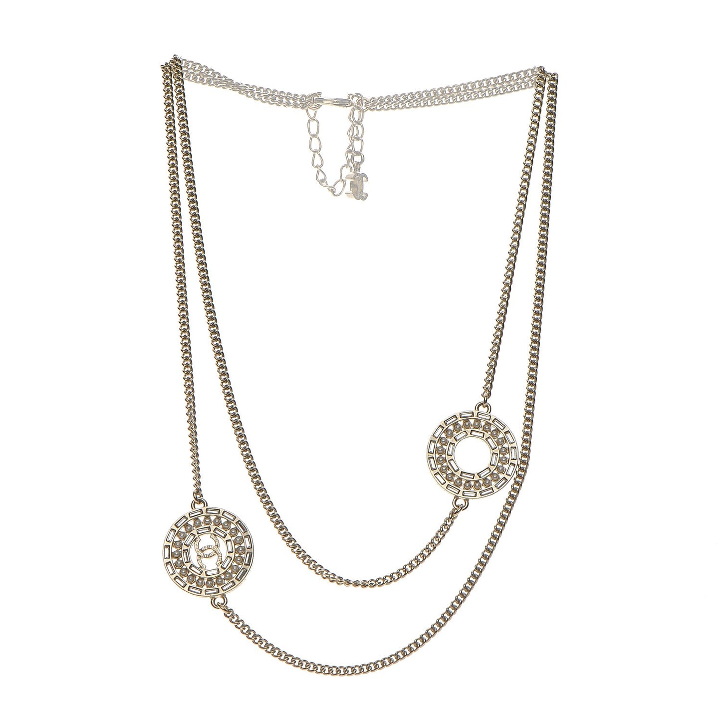 Crystal Baguette Pearl CC Chain Necklace Gold